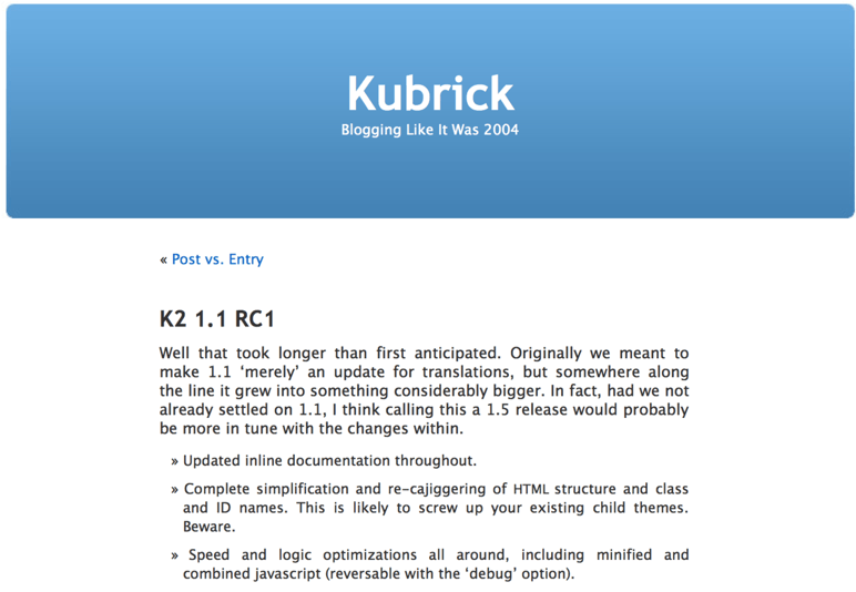 A screenshot of the default theme from WordPress 1.5, Kubrick, is displayed.