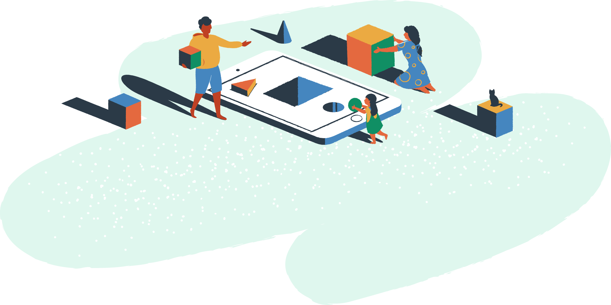 Two person and a child building with blocks over a cellphone