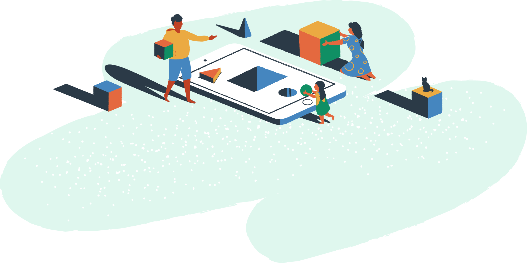 Two person and a child building with blocks over a cellphone