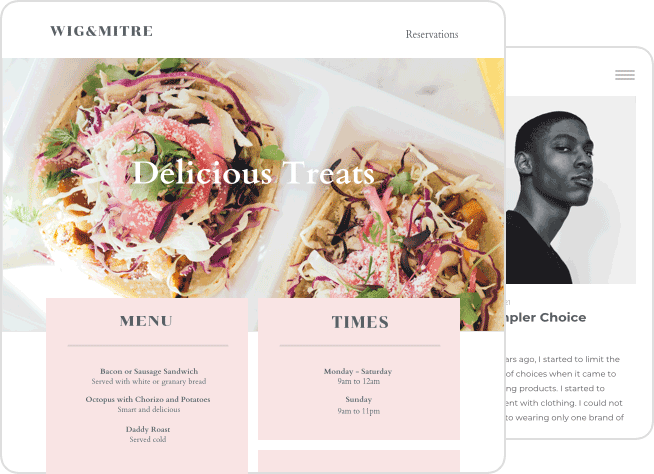 Two customizable WordPress themes displayed with images of tacos and a portrait of a man shown as examples.